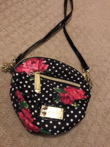 betsey johnson mini bag long strap rose black white polka dot - Afbeelding 1 van 8