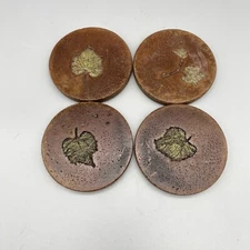 Set Of 4 Handmade Clay Coasters  Pressed Leaves Neutral Tones