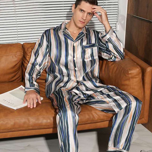 Men's 19MM 100 Silk Pajamas Set Long Sleeves Silk Sleepwear Striped S