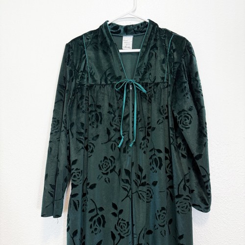 Vintage Hamilton Robe Deep Green Velvet Rose Pattern Piping Women 14 READ - Picture 2 of 5