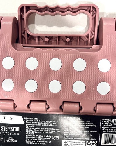 Pink Folding 9" Step Stool Lightweight Anti Slip Rubber Pads Easy Care Handle - Picture 4 of 19