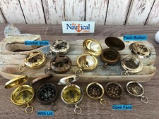 Brass Compass - Sundial, Push Button w/ Lid, Antique, Gold, Silver, Necklace