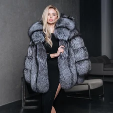 Luxury Women Hooded Genuine Silver Fox Fur Coats Real Fur Jacket Winter Overcoat