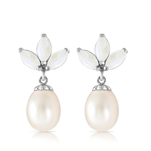 14K. SOLID GOLD DANGLING EARRING WITH PEARLS & OPALS (White Gold) - Picture 3 of 6