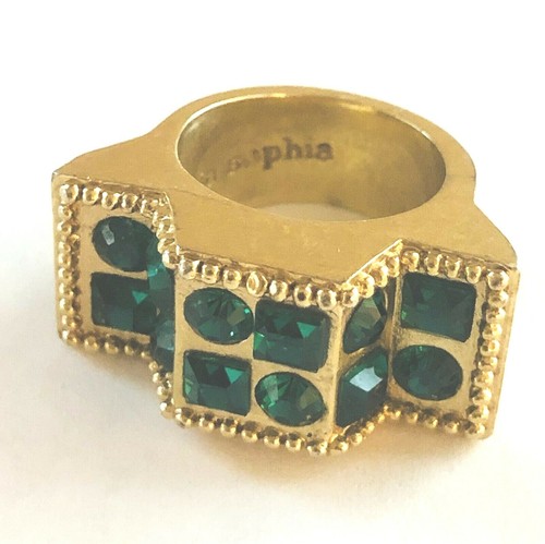 Anillo abstracto firmado LIA SOPHIA cristal verde estrás tono latón dorado talla 5,75 - Imagen 8 de 9