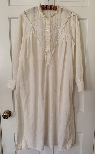 Vtg 80s Victorian Cottagecore White Cotton Ivory Lace Ruffle Nightgown Dress S M
