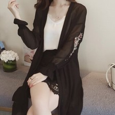 Donna Ricamo Cappotto Camicetta Chiffon Floreale Beach Manica Lunga Arricciato
