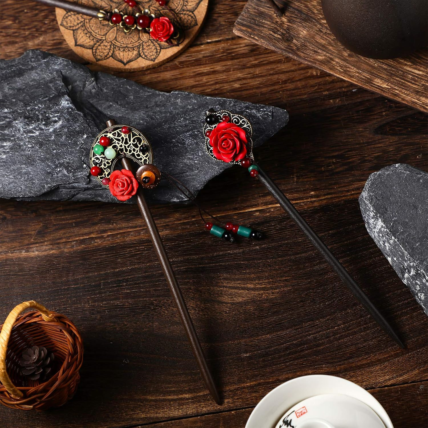 3 Pieces Chinese Hair Stick Japanese Retro Wooden Hairpin Flower Hair Chopsticks