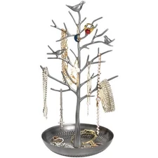 Metal Birds Tree Stand Jewelry Display Organizer Holder with Tray Tower Rack