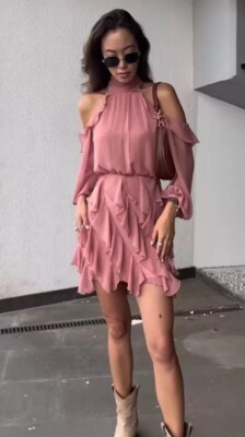 ZARA FW24 WOMAN HIGH COLLAR RUFFLED MINI DRESS XL MARSALA