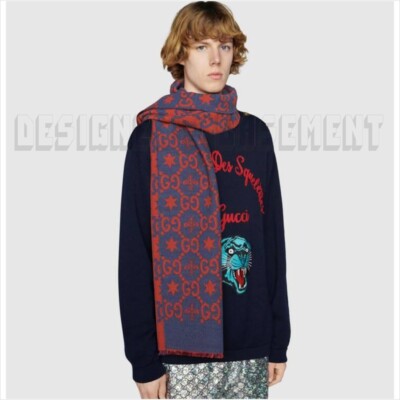 GUCCI red & blue CONSTELLATION Bee GG Stars wool reversible