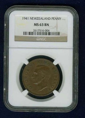NEW ZEALAND GEORGE VI 1941 PENNY COIN, CHOICE UNCIRCULATED CERTIFIED NGC MS63-BN