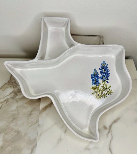 Vintage Frankoma Pottery TEXAS Shape Chip & Dip Serving Dish Bluebonnet Flowers