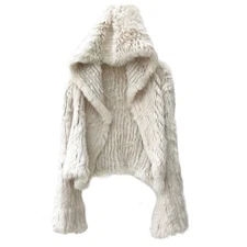 Women Knitted Real Rex Rabbit Fur Hooded Coat Short Knits Jacket Winter Outwear