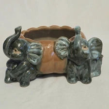 Art Ceramic Elephants Pumpkin Planter Bowl Majolica with Elephant Trunks Up Vtg 