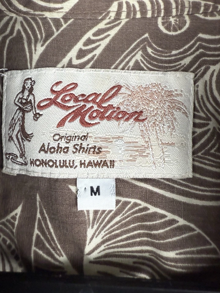 Vintage Local Motion Hawaiian Shirt M Brown Floral Cotton Surf 80s Button Front - Image 2 of 4