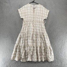 Madewell Midi Dress Womens Medium Beige White Gingham Linen Tiered Neutral