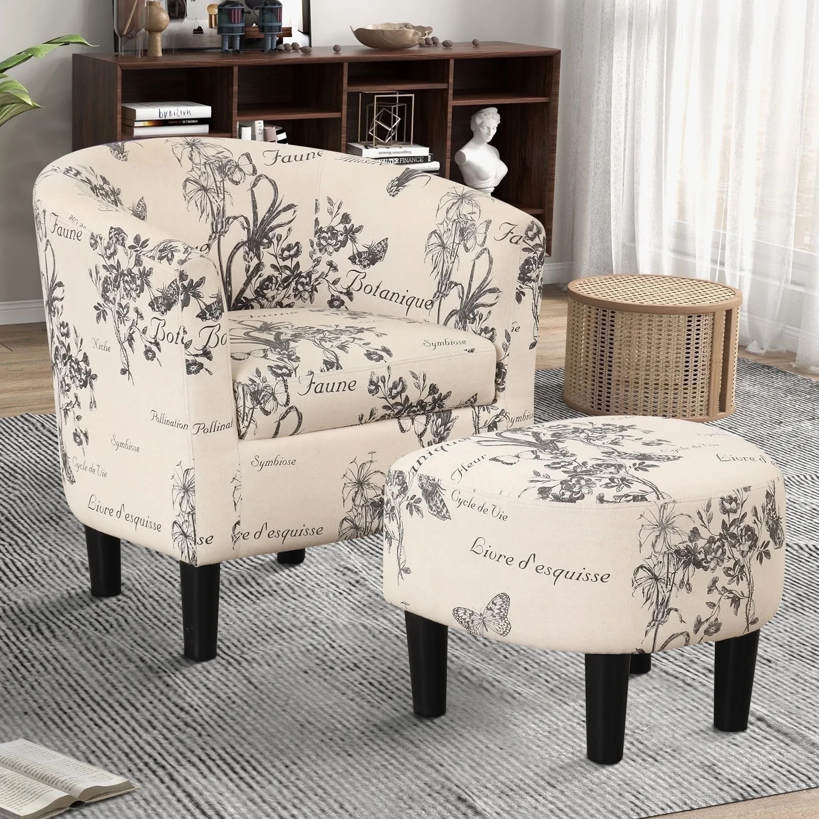 EBELLO Modern Accent Chair with Ottoman Comfy Fabric Round Reading Chair White