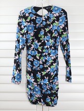 ZARA NWT Blue Floral Shirred Open Back Mini Structured Shoulder Dress Size XS