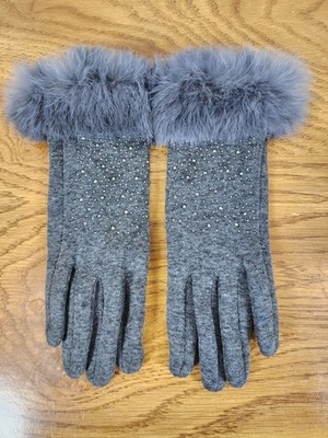 Womens Grey Knit Gloves Rhinestone Real Rabbit Fur Cuff Touch Screen Tech