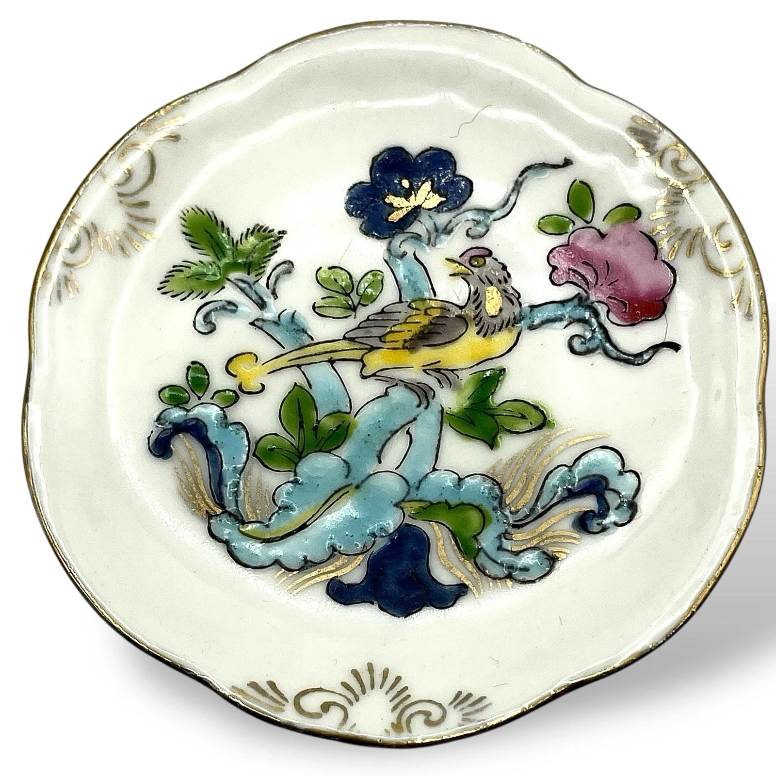 Vtg Porcelain BUTTER PAT Hand Raised Enamel Bird Floral Plate Dish Japan Must C!