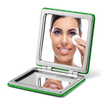 Green Glitter PU Compact Mirror 1X/3X Magnification Ultra Portable Purse