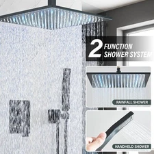LED Black 12'' Shower Faucet Set Rainfall Shower Head System Combo W/Mixer Valve