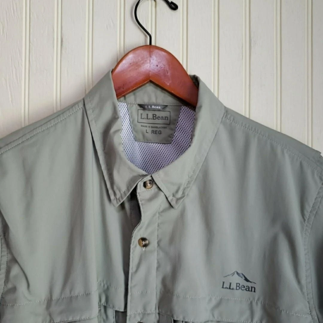 LL Bean Shirt Mens Large Gray Short Sleeve Vented Fishing UPF 50+ Outdoor