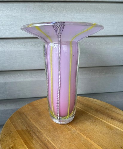 Vintage J. Nielander Pink Latticino Striped Trumpet Art Glass Vase 11" Rare 1984