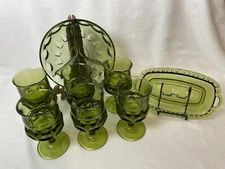 8pc Vintage Indiana Green Glass Kings Crown Thumbprint Goblets, Tray, Dish