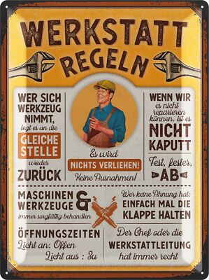 XXL Retro Tin Sign Workshop Sign, Funny Workshop Rules Men 30x40cm