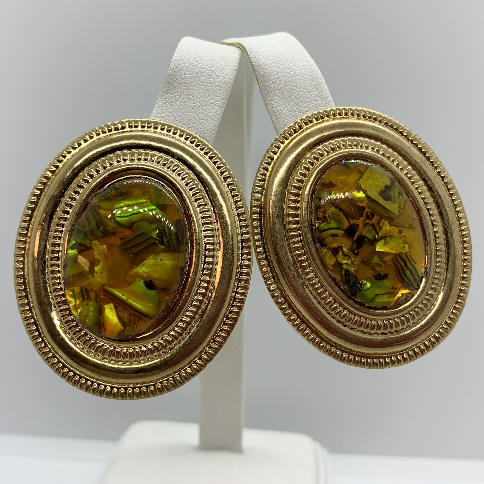 VTG ABALONE SHELL STATEMENT EARRINGS GLASS ENCASE… - image 1