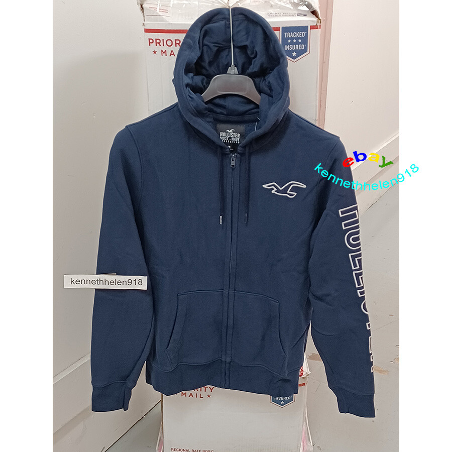 HOLLISTER EMBROIDERED LOGO FULL ZIP HOODIE SWEATSHIRTS NAVY BLUE