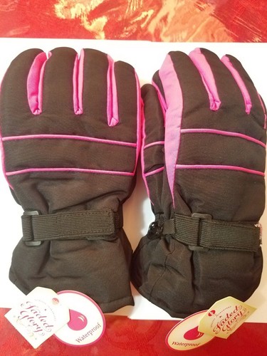 2 Pairs Faded Glory Solid Snow Gloves L-XL Size Kids Waterproof Black Soot Pink - Picture 2 of 5