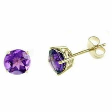 14k Yellow Gold Cubic Zirconia Amethyst Studs Round Shape - Genuine 14k