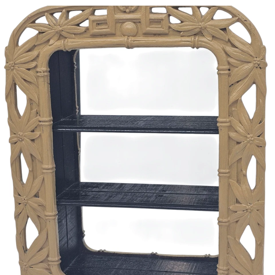 Chinese Bamboo Wood Carved Mirror Curio Cabinet Wall Shelf Asian Décor 19.5” - Image 3 of 4