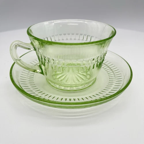 Vtg Anchor Hocking “roulette” Uranium Glass Cup & Saucer