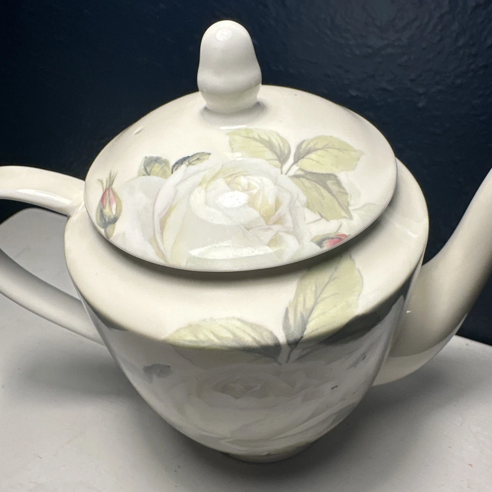 Grace Teaware Iceberg Rose Bone China Teapot Stechcol Cream  White Roses 8” Tall - Image 3 of 4