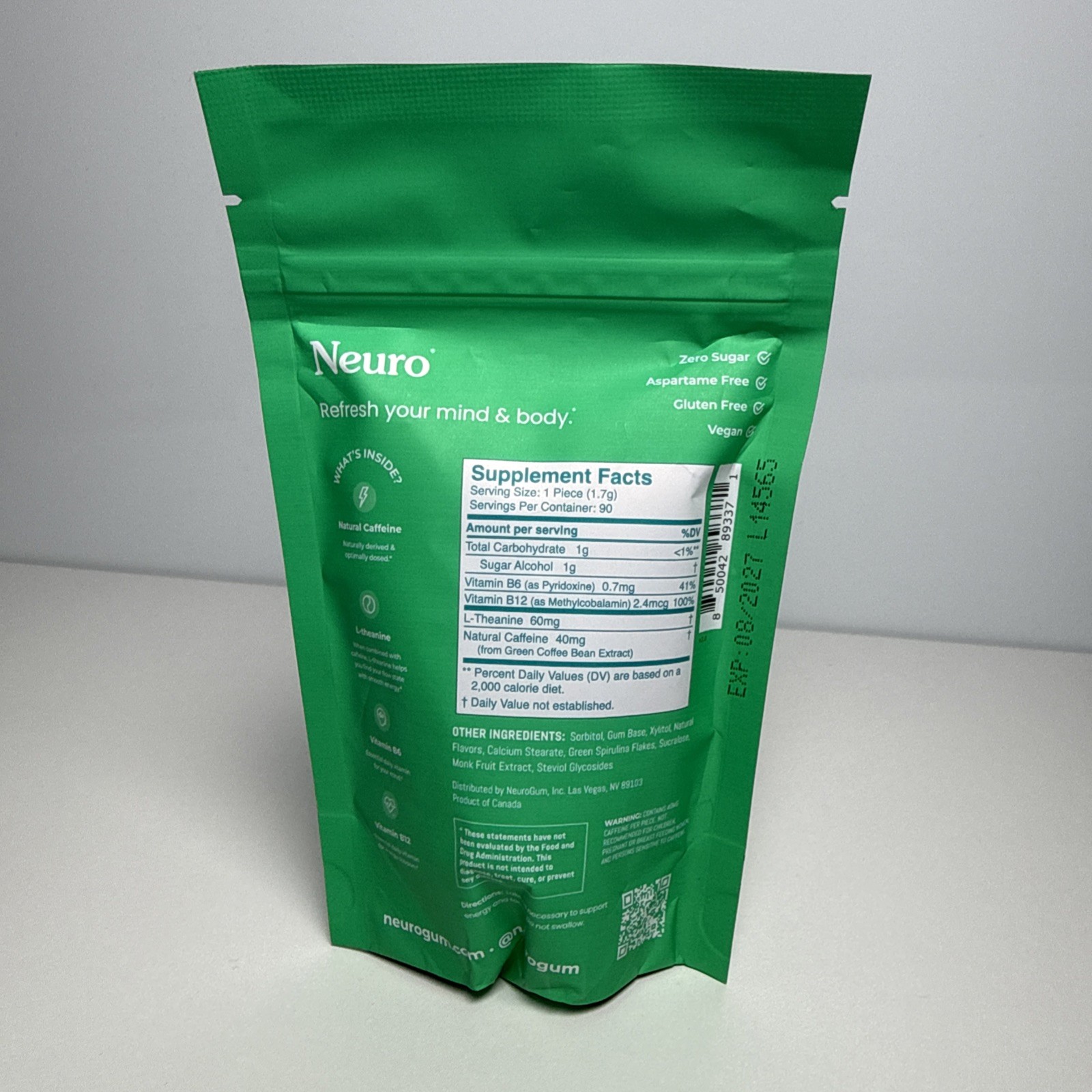 NeuroGum Spearmint Energy Caffeine Gum 90 Pcs with L-theanine + Natural 08/27