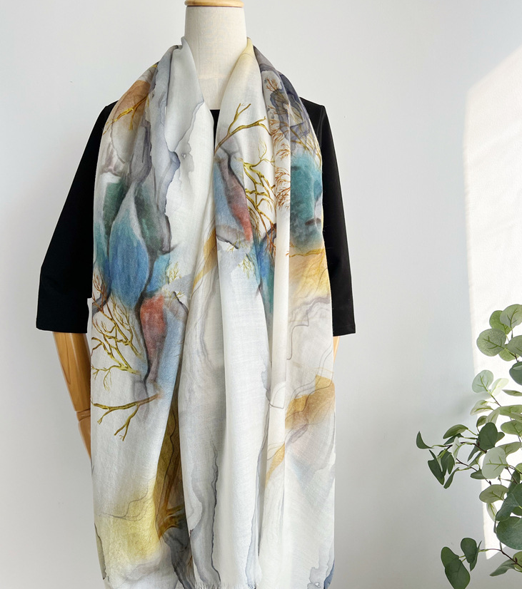 Pure Cashmere 200X100cm Square Scarf Women Neckerchief Wrap Blue branch Print