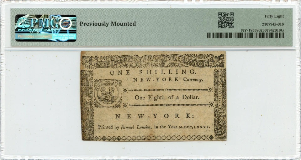 1776 March 5, $1/8 New York Colonial Note FR#NY-185 PMG AU58 - Image 2 of 2