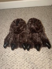 Brown Faux Fur Bear Paw Animal Print Men's Slip-On Slippers S/M Cushioned
