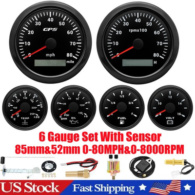 #ad 6 Gauge Set With Sensor 85mm Black GPS Speedometer 80MPH Tacho 80000RPM for Boat $155.28
