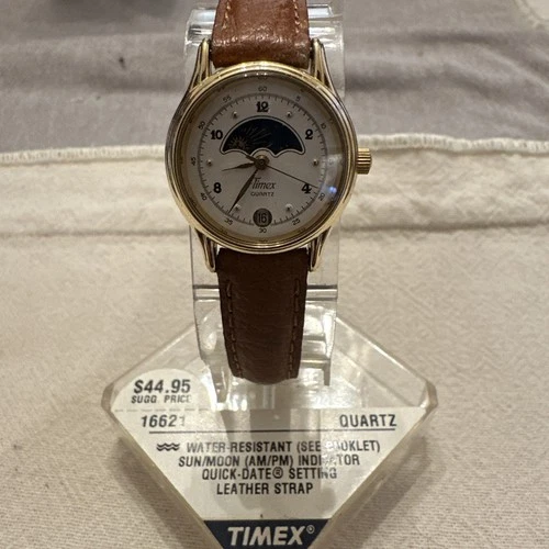 Vintage Timex Women Dress Moon Phase Brown Leather Band Quartz Watch