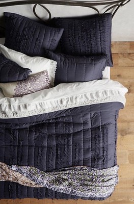 Anthropologie Wisteria Dark Blue Quilt + Euro Shams