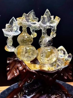 2.376LB TOP Natural Yellow Gum Flower Quartz Carved Gourd Crystal+Stand healing