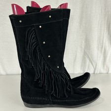 MINNETONKA MOCCASIN BLACK SUEDE TALL Studded FRINGED BOHO BOOTS Women  s 9.5