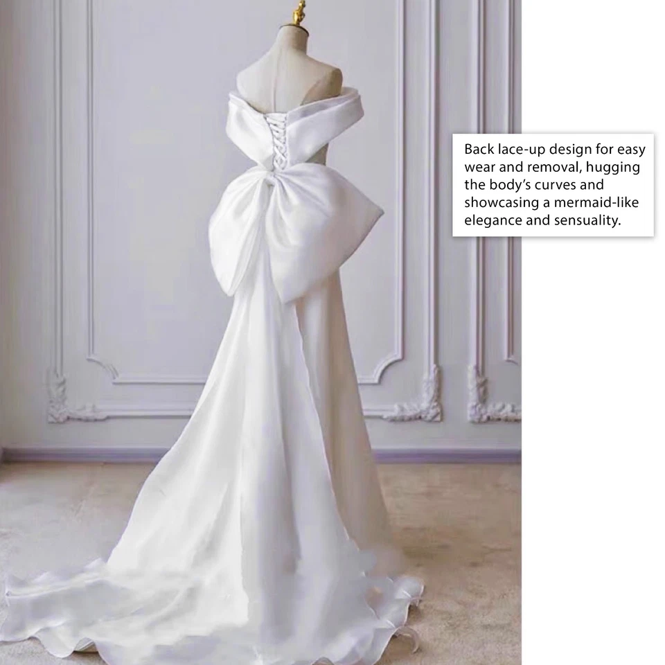 White Wedding Dress V-neck Bow Swing Bride Wedding Mermaid Dress Vintage Organza - Image 4 of 4