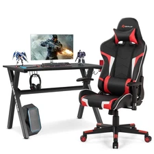 X-Shaped Gaming Desk & Racing Style Massage Chair Set Home Office Black+Red