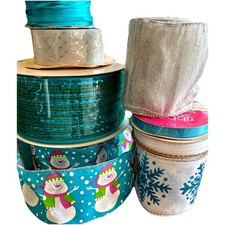 Lot of 8 Blue  Silver Decorative Holiday Ribbons Snowman Glitter Foil Wired VTG